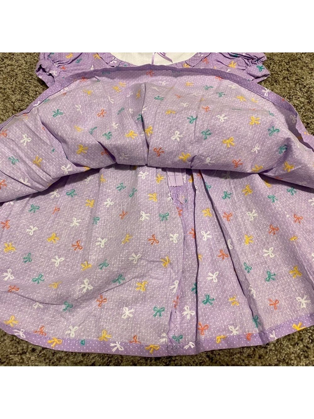 Vintage Toddler Girl Cotton Dress 80s 90s Purple Polka Dot Bows Ribbon Tie - Picture 5 of 11